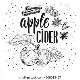 Vector Illustration With Soft Hot Drink Apple Cider. Hand Drawn Glass With Non Alcoholic Beverage And Doodle Ingredients. Recipe Card With Isolated Objects On Circle Frame And White Background.