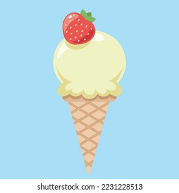 Vector illustration of soft ice cream waffle cone with strawberry