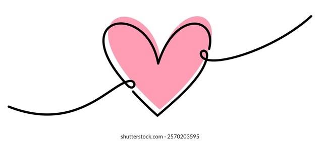 Vector illustration of a soft pink heart outlined in black with flowing line accents, symbolizing love and elegance.