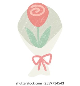 Vector Illustration of a Soft Pink Single Rose Bouquet in Crayon Style for Valentine's Day