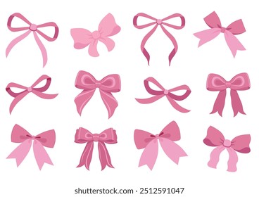 Ilustración vectorial de lazos vintage rosa suave. Arco para la decoración del pelo femenino, iconos planos. Cintas aisladas. Accesorios de moda para niñas. Colección linda de los Elementos del peinado