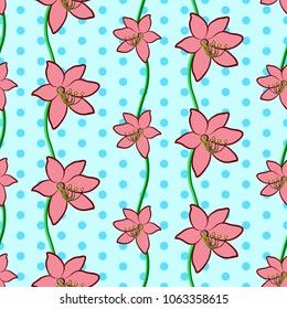 Vector illustration, soft seamless floral pattern in vintage style, beautiful cartoon pink lily flowers on blue dotted background