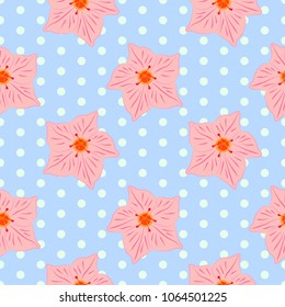 Vector illustration, soft seamless floral pattern in vintage style, beautiful cartoon pink dipladenia flowers on blue dotted background