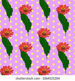 Vector illustration, soft seamless floral pattern in vintage style, beautiful cartoon red zinnia flowers on purple dotted background