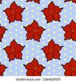 Vector illustration, soft seamless floral pattern in vintage style, beautiful cartoon red dipladenia flowers on purple dotted background