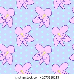 Vector illustration, soft seamless floral pattern in vintage style, beautiful cartoon pink violet flowers on purple dotted background