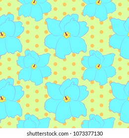 Vector illustration, soft seamless floral pattern in vintage style, beautiful cartoon blue violet flowers on yellow dotted background