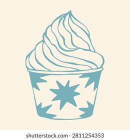 Vector illustration of soft serve frozen yogurt swirled inside a decorative paper cup with a star pattern. Hand drawn blue line art icon for Italian gelato and summer creamery treats