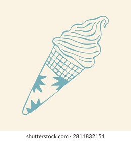 Vector illustration of soft serve frozen yogurt swirled high into a waffle cone with starburst decorations. Hand drawn blue line art icon for summer gelato and soft creamery treats