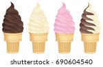 Vector illustration of soft serve ice cream cones in a variety of flavors.