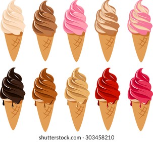 Vector illustration of soft serve ice cream in different flavors.