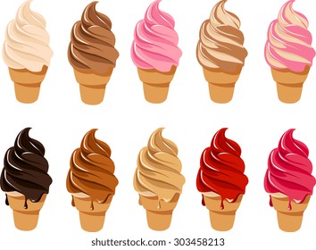 Vector illustration of soft serve ice cream in different flavors.