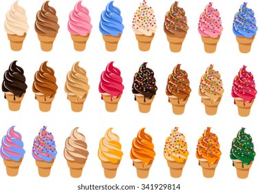 Vector illustration of soft serve ice creams with various sauces and toppings.