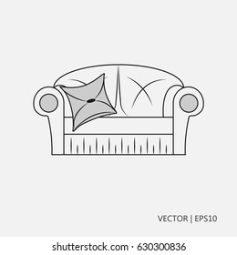 Vector illustration: Soft sofa with cushion. Drawings for children, coloring pages