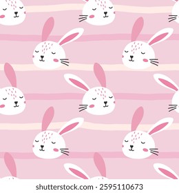 Vector illustration of Soft and sweet seamless rabbit pattern with delicate botanical elements, ideal for children s bedding, nursery prints, and elegant springtime stationery
