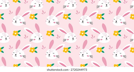 Ilustração vetorial de padrão suave e doce de coelho sem emenda com delicados elementos botânicos, ideal para roupa de cama de crianças, impressões de berçário e elegantes artigos de papelaria primavera