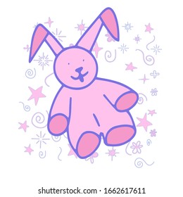 Vector illustration of a soft toy cheerful hare, with a mustache, ears, nose. For children's illustrations, cards, invitations, clothes, greetings, etc.