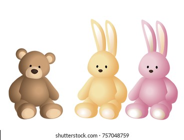 Vector illustration of soft toys with gradient: brown teddy bear, vanilla colored hare and pink hare isolated on a white background for poster, book illustration, advertisement, postcard, sticker