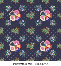 Vector illustration. Soft watercolor cosmos flower print ~ seamless pattern in brown, blue and violet colors.