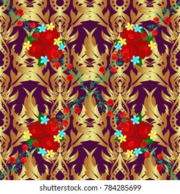 Vector illustration. Soft watercolor flower print ~ seamless pattern in yellow, purple and brown colors.