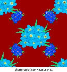 Vector illustration. Soft watercolor forget-me-not flower print ~ seamless pattern on a red background.