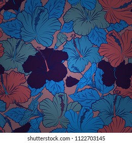 Vector illustration. Soft watercolor hibiscus flower print ~ seamless pattern in pink, violet and blue colors.
