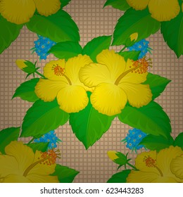 Vector illustration. Soft watercolor hibiscus flower print ~ seamless pattern on a beige background.