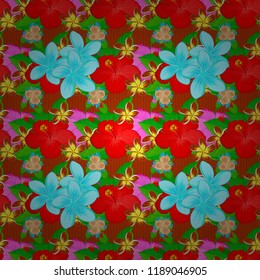 Vector illustration. Soft watercolor plumeria flower print ~ seamless pattern in orange, red and blue colors.