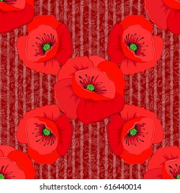 Vector illustration. Soft watercolor poppy flower print ~ seamless pattern on a red background.