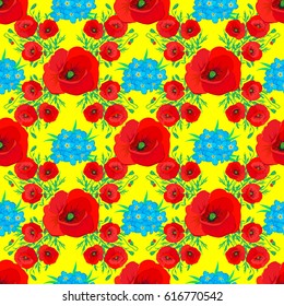 Vector illustration. Soft watercolor poppy flower print ~ seamless pattern on a yellow background.