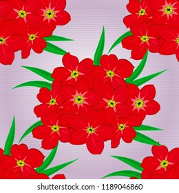 Vector illustration. Soft watercolor primula flower print ~ seamless pattern in pink, red and green colors.