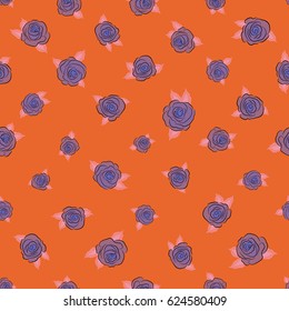 Vector illustration. Soft watercolor rose flower print ~ seamless pattern on a orange background.