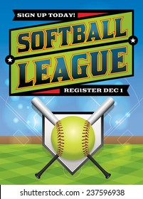 A vector illustration for a softball league flyer. Vector eps 10. EPS file is layered. Font have been converted to outlines.