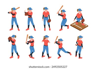 A vector illustration of Softball Woman Player Isometric Poses Icons