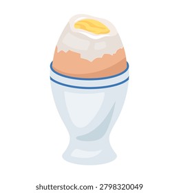 Vector illustration of a soft-boiled egg served in classic egg cup. Cozy breakfast food with cracked shell and creamy yolk. Simple healthy meal icon isolated on background for menus and kitchen design