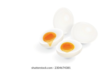 Vector illustration of soft-boiled eggs are peeled and cut in half,appetizing liquid egg yolk,isolated on white.Healthy weight loss menu,high in protein,can be eaten every day,suitable for all ages.