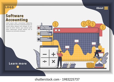 Konzeption der Buchhaltung von Vektorgrafik-Software-Landing-Page. Unternehmensbuchhaltung, Finanzmanagement, Einkommensteuer, Rechnungslegung. Webseitendesign für Website und mobile Website