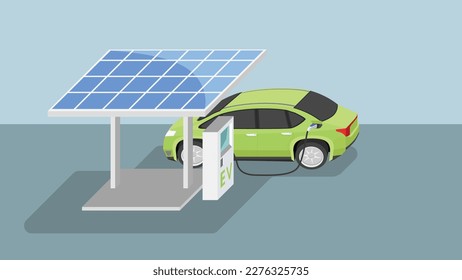 Vector o Ilustración de tecnología de células solares con estación de cargador EV. Vehículo eléctrico repone la energía. Tono de color suave de fondo.