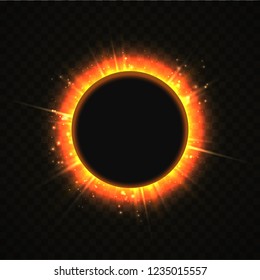 Vector illustration of solar Eclipse. Blackhole and explosion sunny rays on transparent background. Sun blackout