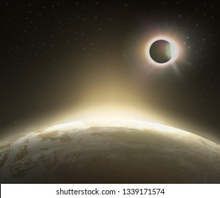 Vector illustration of solar eclipse view from space with earth on background. Planet with rising sun
