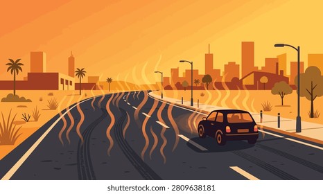 Vector illustration of solar heat rising from asphalt road with wavy distortion lines, small car silhouette, warm orange gradient background, flat minimal urban illustration.