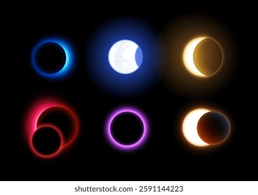 Vector illustration of a solar or lunar eclipse set with fantastic colorful shining light. Bright aura with yellow, red, blue and purple glow. Cosmos and astrology theme. Isolated black background.