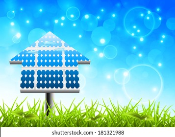 Vector illustration of solar panel on the meadow.