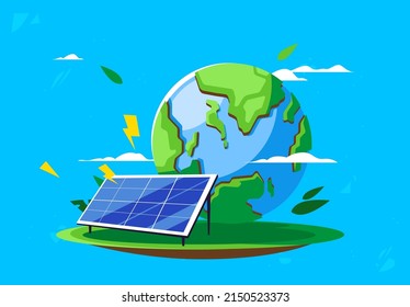 vector illustration of a solar panel on a background of green leaves, planet earth, environmental protection