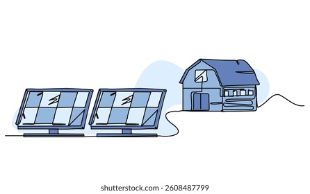 Vector illustration of solar panels with a house. Modern flat in continuous line style.
