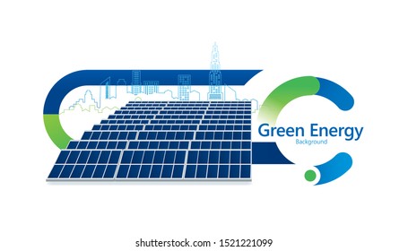 Vector illustration of solar power with cityscape.