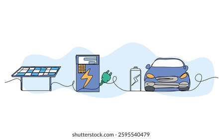 Vector illustration of solar power and electric vehicle charging. Modern flat in continuous line style.