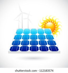 vector illustration of solar power panel  with bright sun