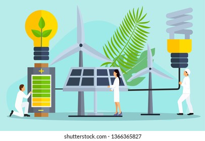 Vector illustration of solar power panel and consumers cartoon characters. Alternative energy concept for web banner, website page etc.