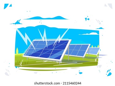 vector illustration of solar power station on green fields, green energy